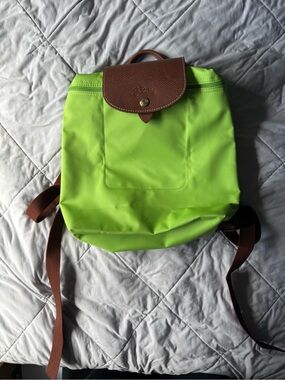 Longchamp Lime Green Nylon Backpack with Brown Leather Flap